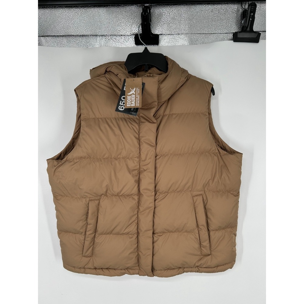 Eddie Bauer Ketchum Short 650 Down Vest Women XL Camel Hooded Hoodie Insulated